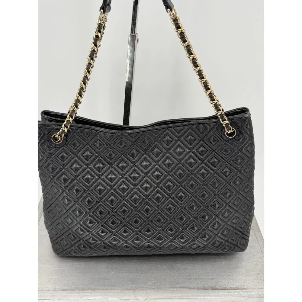 Tory Burch Fleming Black Leather Quilted Chain Tote Shoulder Bag Large Designer